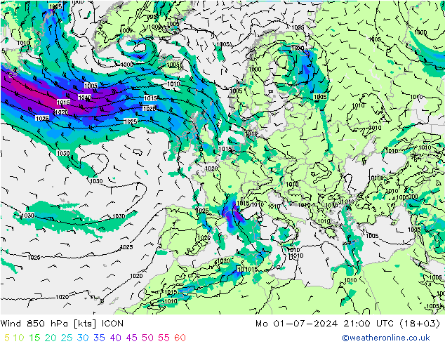 风 850 hPa ICON 星期一 01.07.2024 21 UTC