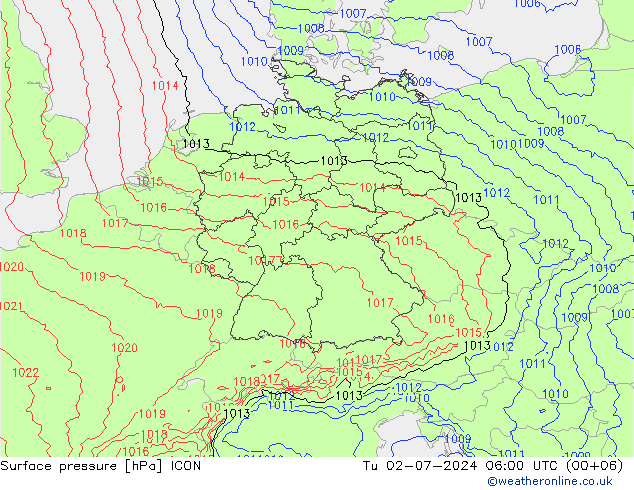 地面气压 ICON 星期二 02.07.2024 06 UTC