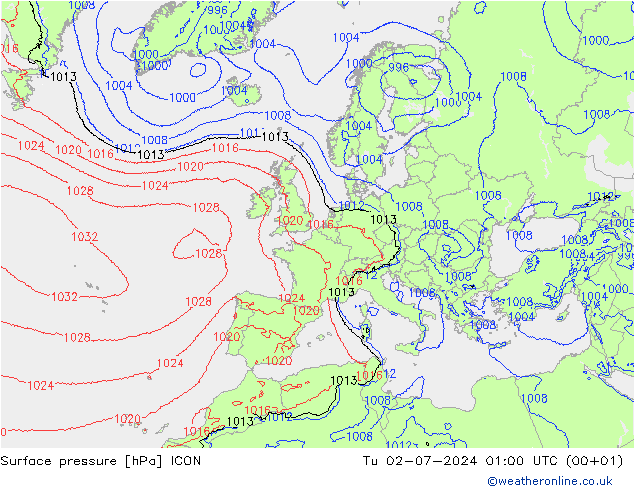 Luchtdruk (Grond) ICON di 02.07.2024 01 UTC