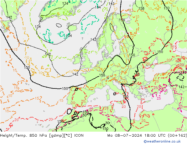 Hoogte/Temp. 850 hPa ICON ma 08.07.2024 18 UTC