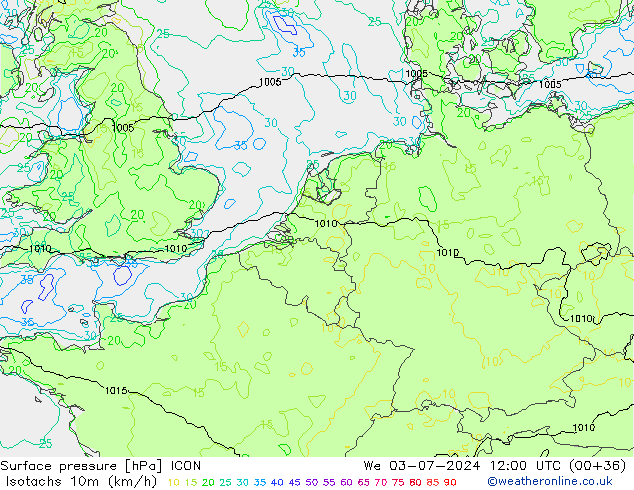 Isotachen (km/h) ICON wo 03.07.2024 12 UTC