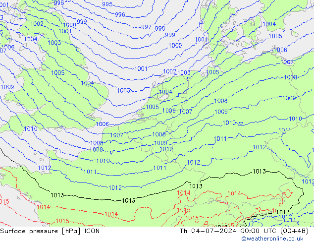 地面气压 ICON 星期四 04.07.2024 00 UTC