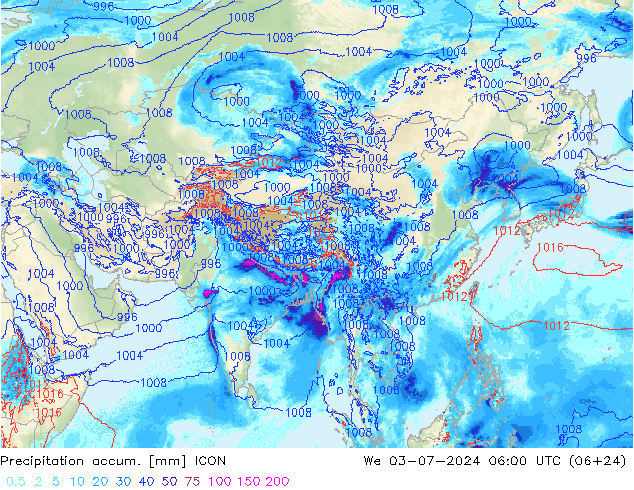 Totale neerslag ICON wo 03.07.2024 06 UTC