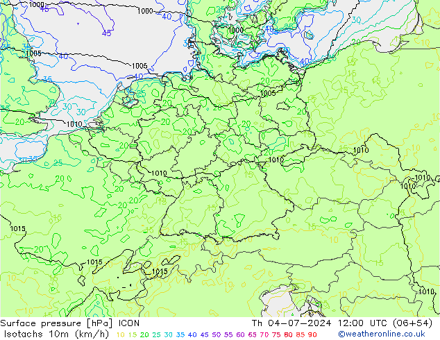 10米等风速线 (kph) ICON 星期四 04.07.2024 12 UTC