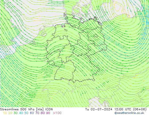 风 500 hPa ICON 星期二 02.07.2024 12 UTC