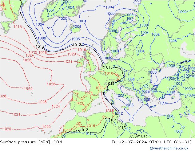 地面气压 ICON 星期二 02.07.2024 07 UTC