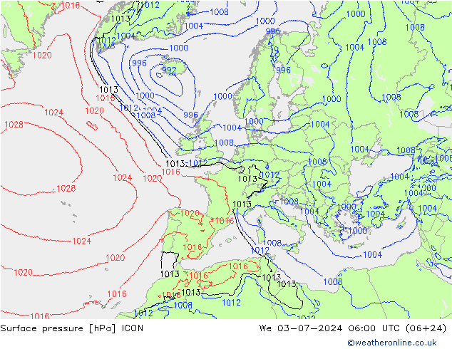 地面气压 ICON 星期三 03.07.2024 06 UTC
