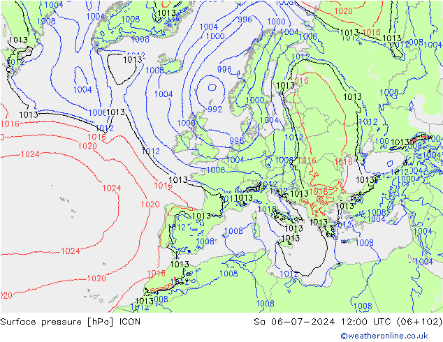 地面气压 ICON 星期六 06.07.2024 12 UTC