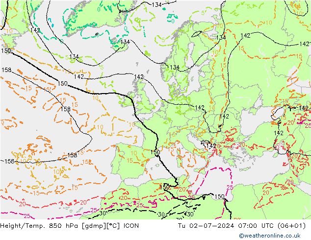 Height/Temp. 850 hPa ICON 星期二 02.07.2024 07 UTC