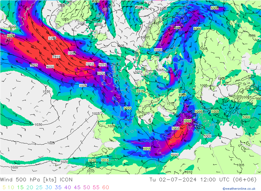 风 500 hPa ICON 星期二 02.07.2024 12 UTC