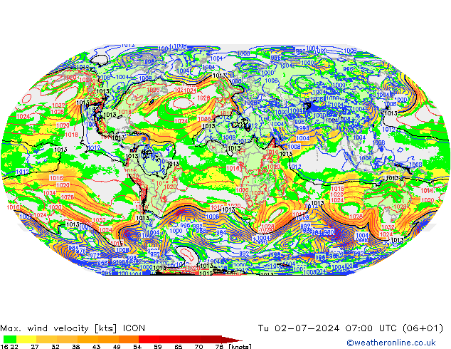 Max. wind velocity ICON 星期二 02.07.2024 07 UTC