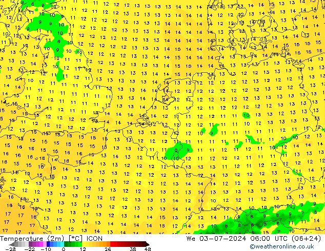Temperatuurkaart (2m) ICON wo 03.07.2024 06 UTC