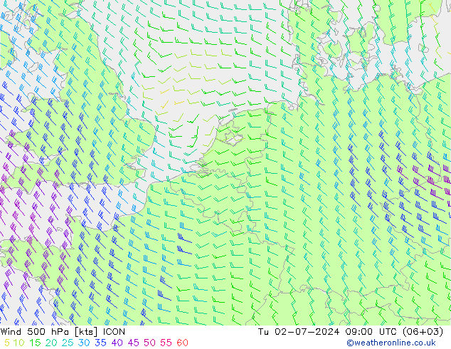 风 500 hPa ICON 星期二 02.07.2024 09 UTC