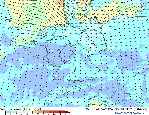 Wind 10 m (bft) ICON wo 03.07.2024 00 UTC