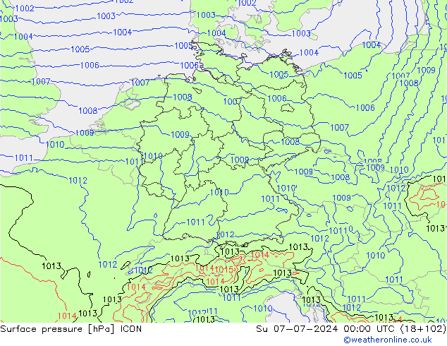 地面气压 ICON 星期日 07.07.2024 00 UTC