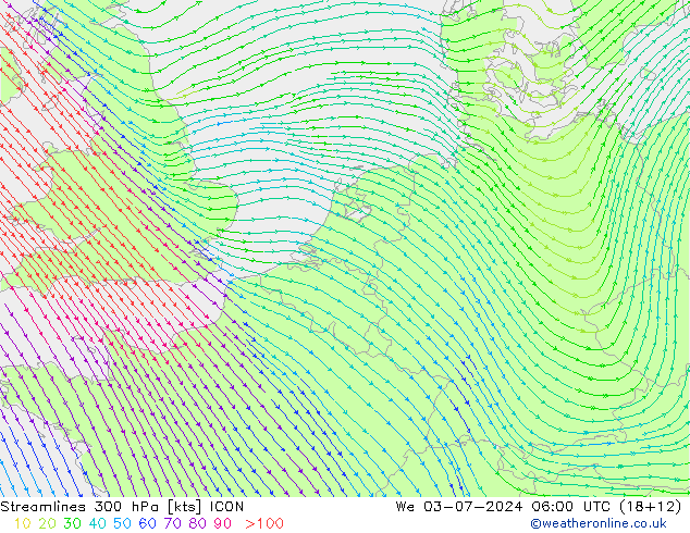 风 300 hPa ICON 星期三 03.07.2024 06 UTC