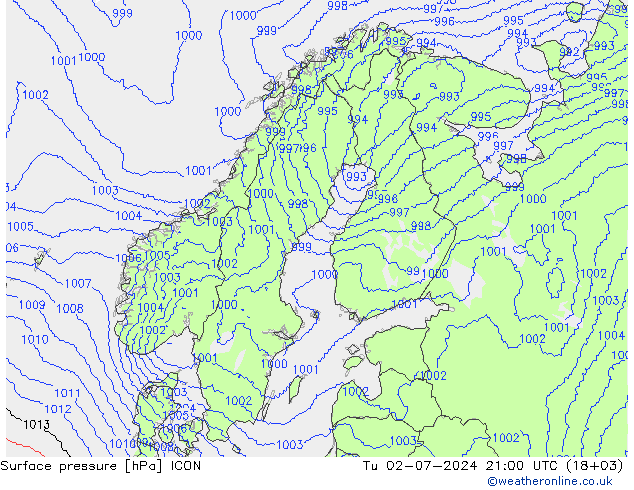 地面气压 ICON 星期二 02.07.2024 21 UTC