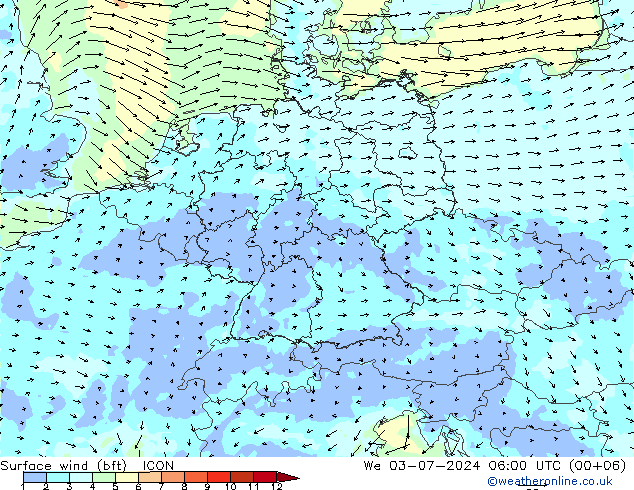 Wind 10 m (bft) ICON wo 03.07.2024 06 UTC