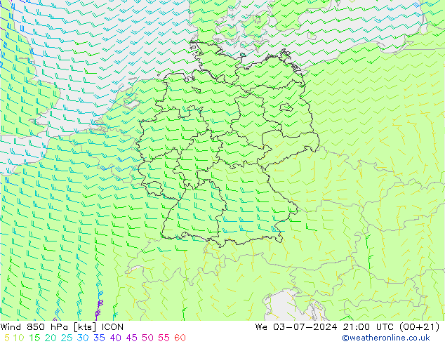 风 850 hPa ICON 星期三 03.07.2024 21 UTC