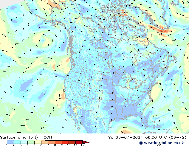 Wind 10 m (bft) ICON za 06.07.2024 06 UTC