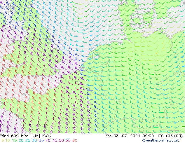 Wind 500 hPa ICON wo 03.07.2024 09 UTC