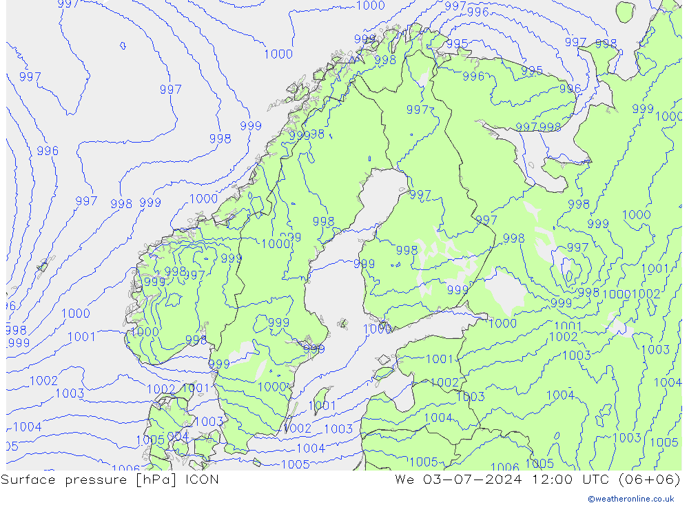 地面气压 ICON 星期三 03.07.2024 12 UTC