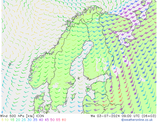 风 500 hPa ICON 星期三 03.07.2024 09 UTC