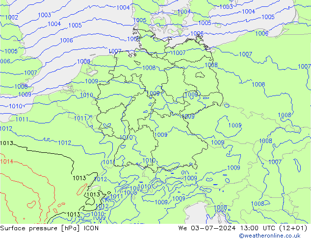 地面气压 ICON 星期三 03.07.2024 13 UTC