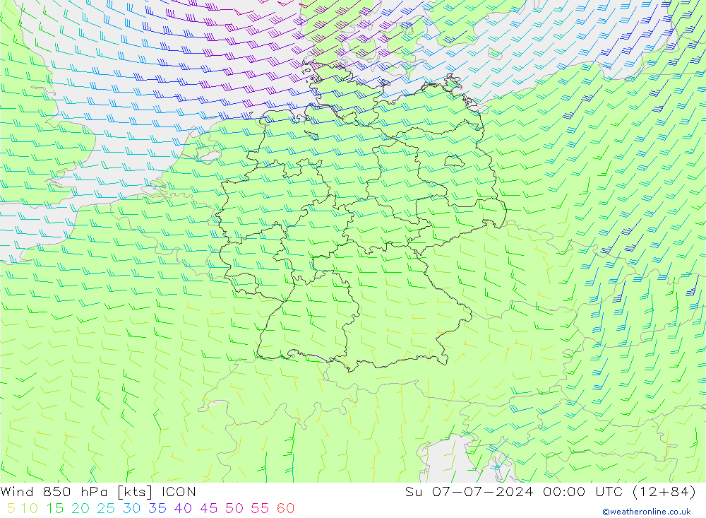 Wind 850 hPa ICON zo 07.07.2024 00 UTC