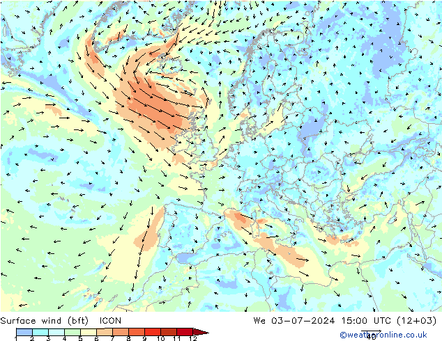Wind 10 m (bft) ICON wo 03.07.2024 15 UTC