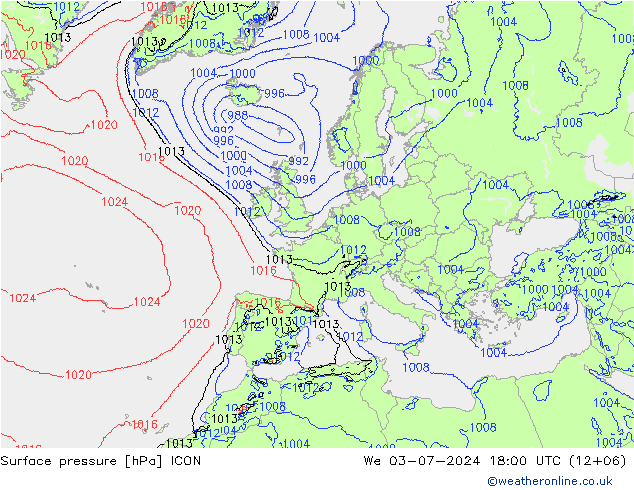 地面气压 ICON 星期三 03.07.2024 18 UTC