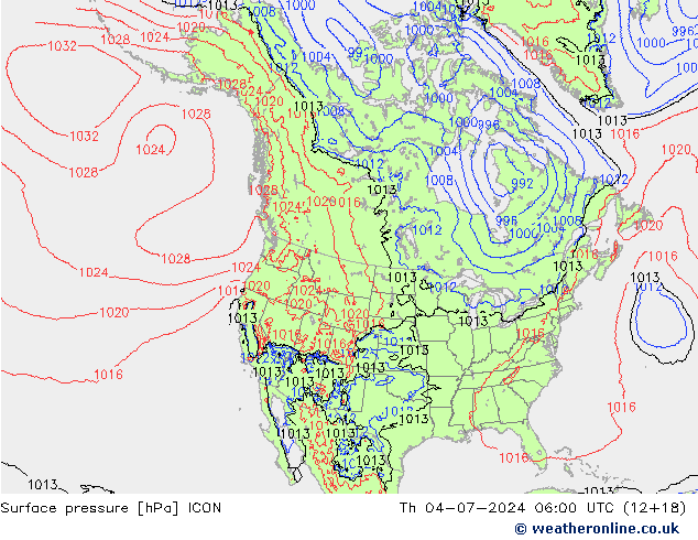 地面气压 ICON 星期四 04.07.2024 06 UTC