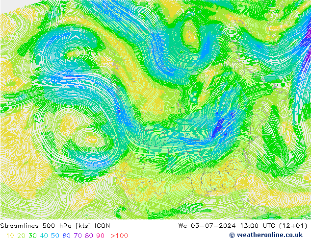 风 500 hPa ICON 星期三 03.07.2024 13 UTC