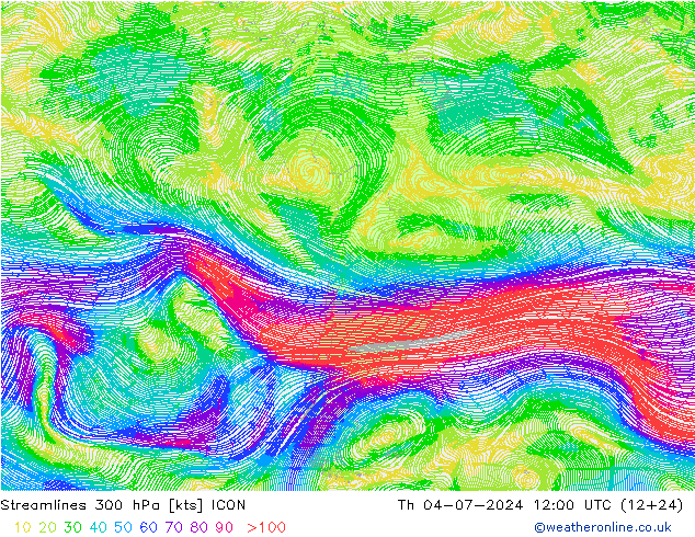 风 300 hPa ICON 星期四 04.07.2024 12 UTC