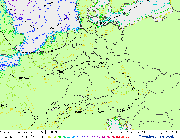 10米等风速线 (kph) ICON 星期四 04.07.2024 00 UTC