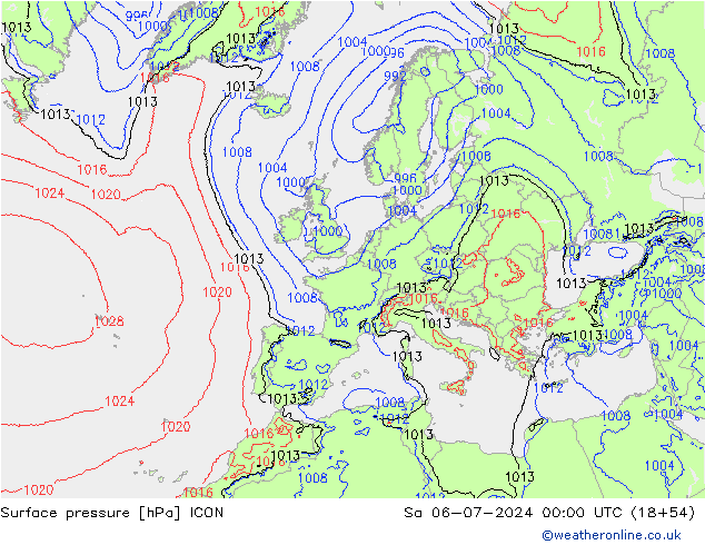 地面气压 ICON 星期六 06.07.2024 00 UTC
