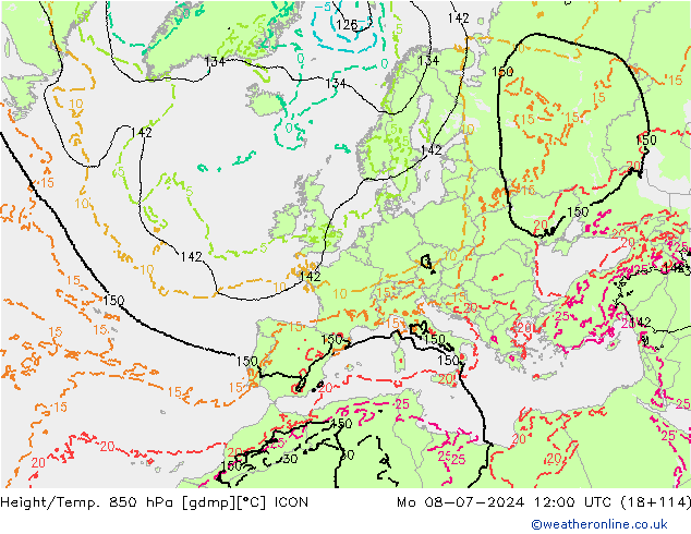 Hoogte/Temp. 850 hPa ICON ma 08.07.2024 12 UTC
