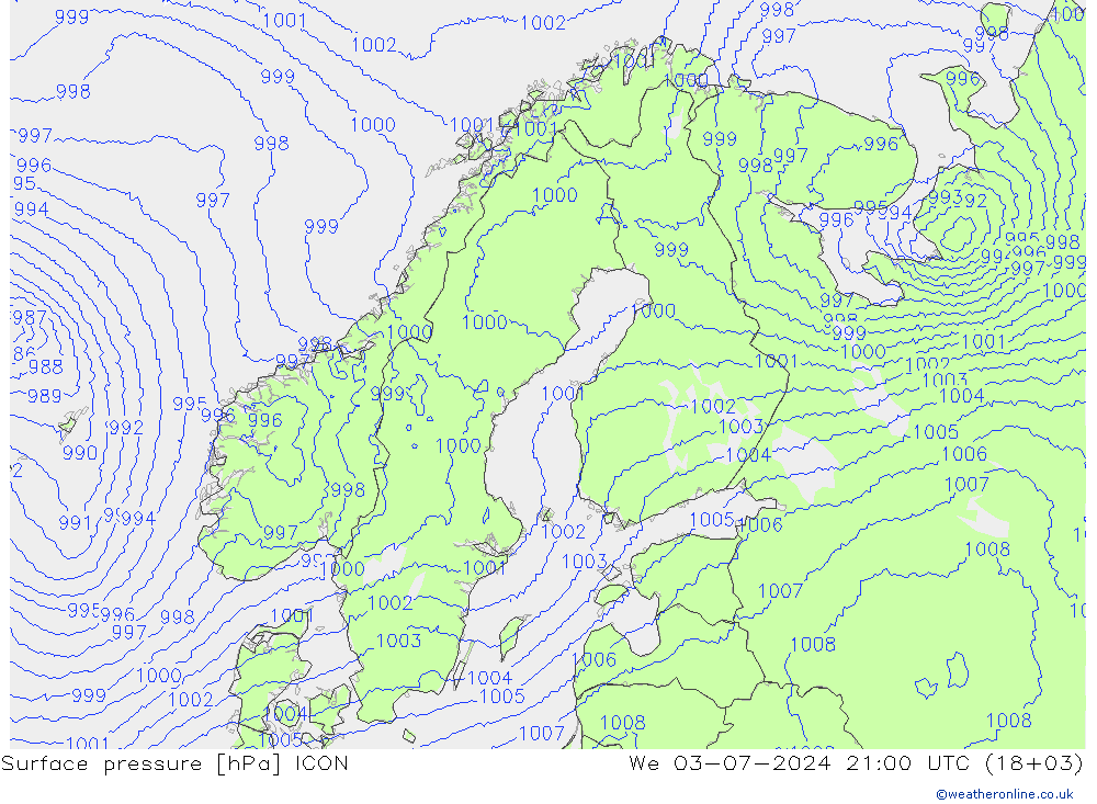 地面气压 ICON 星期三 03.07.2024 21 UTC