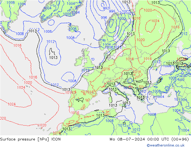 地面气压 ICON 星期一 08.07.2024 00 UTC