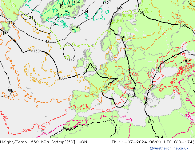 Hoogte/Temp. 850 hPa ICON do 11.07.2024 06 UTC