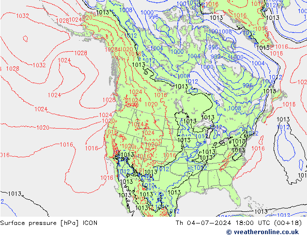 地面气压 ICON 星期四 04.07.2024 18 UTC