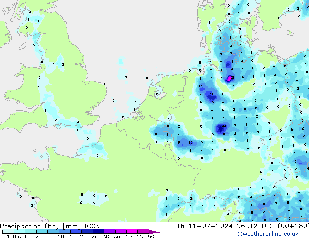降水量 (6h) ICON 星期四 11.07.2024 12 UTC
