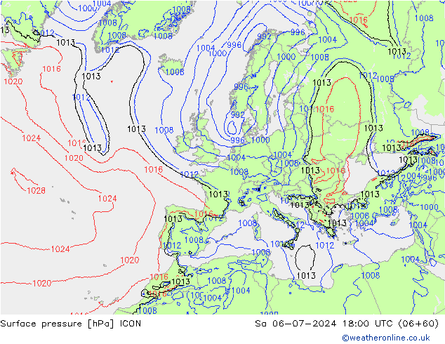 地面气压 ICON 星期六 06.07.2024 18 UTC