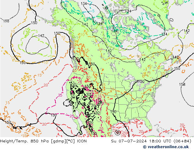 Hoogte/Temp. 850 hPa ICON zo 07.07.2024 18 UTC