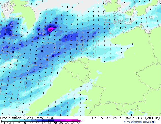 Totale neerslag (12h) ICON za 06.07.2024 06 UTC