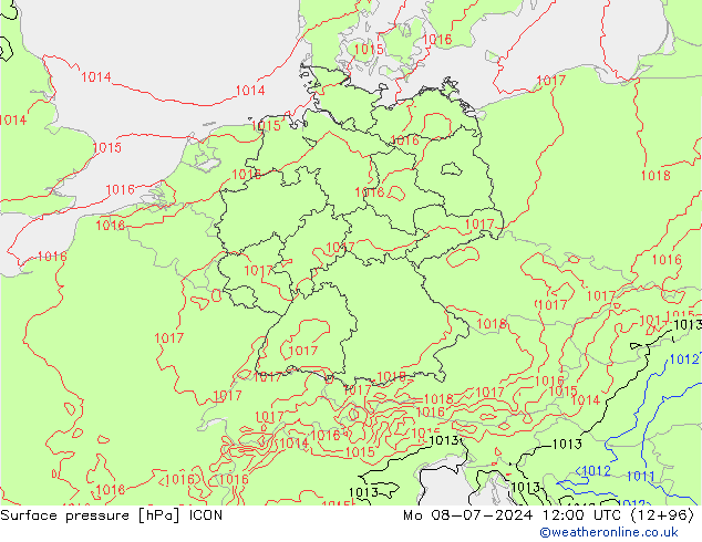 地面气压 ICON 星期一 08.07.2024 12 UTC