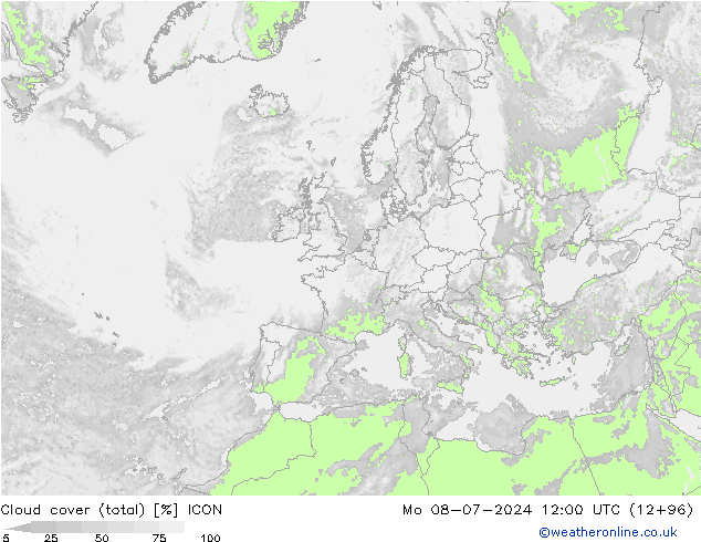 Bewolking (Totaal) ICON ma 08.07.2024 12 UTC