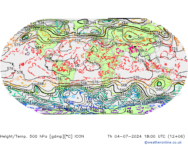 Height/Temp. 500 hPa ICON 星期四 04.07.2024 18 UTC
