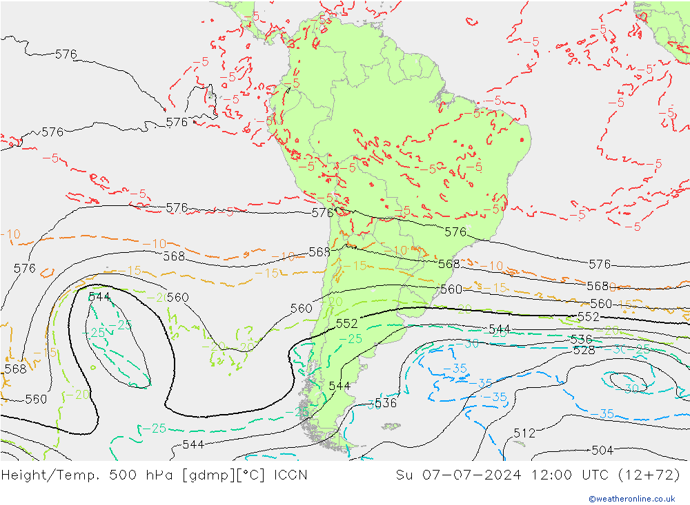Hoogte/Temp. 500 hPa ICON zo 07.07.2024 12 UTC