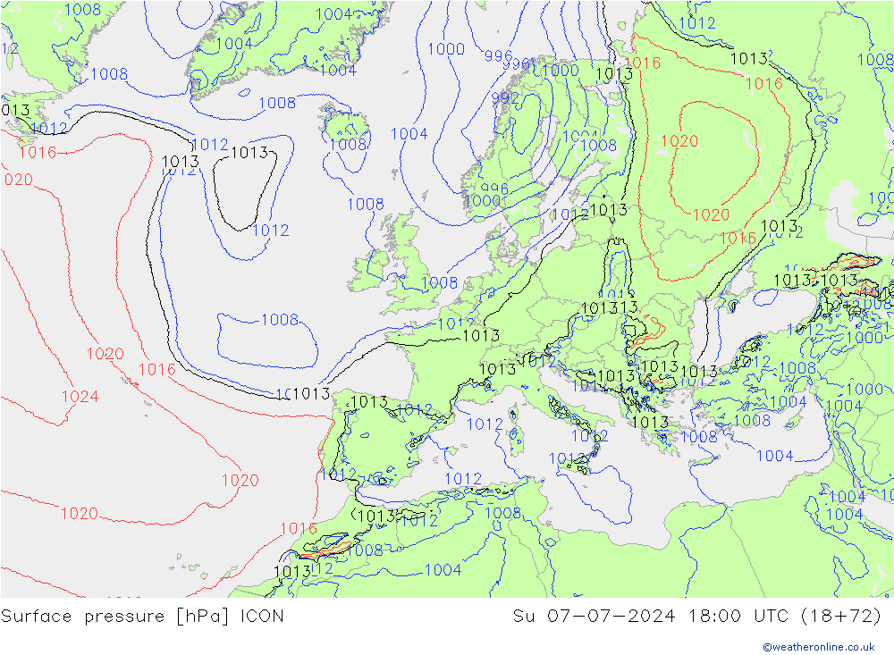 Luchtdruk (Grond) ICON zo 07.07.2024 18 UTC